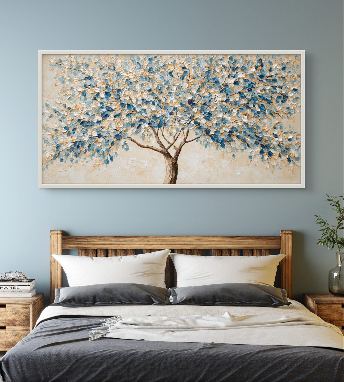 תמונת קנבס לרוחב עם עץ בגווני כחול ושמנת