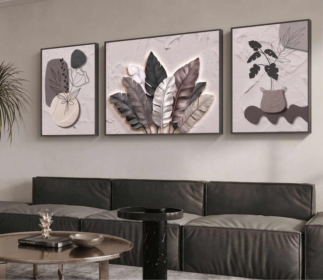 שלישיית קנבס בוטנית מינימליסטית בגווני אבן, אפור וטאופ – דגם RR3312