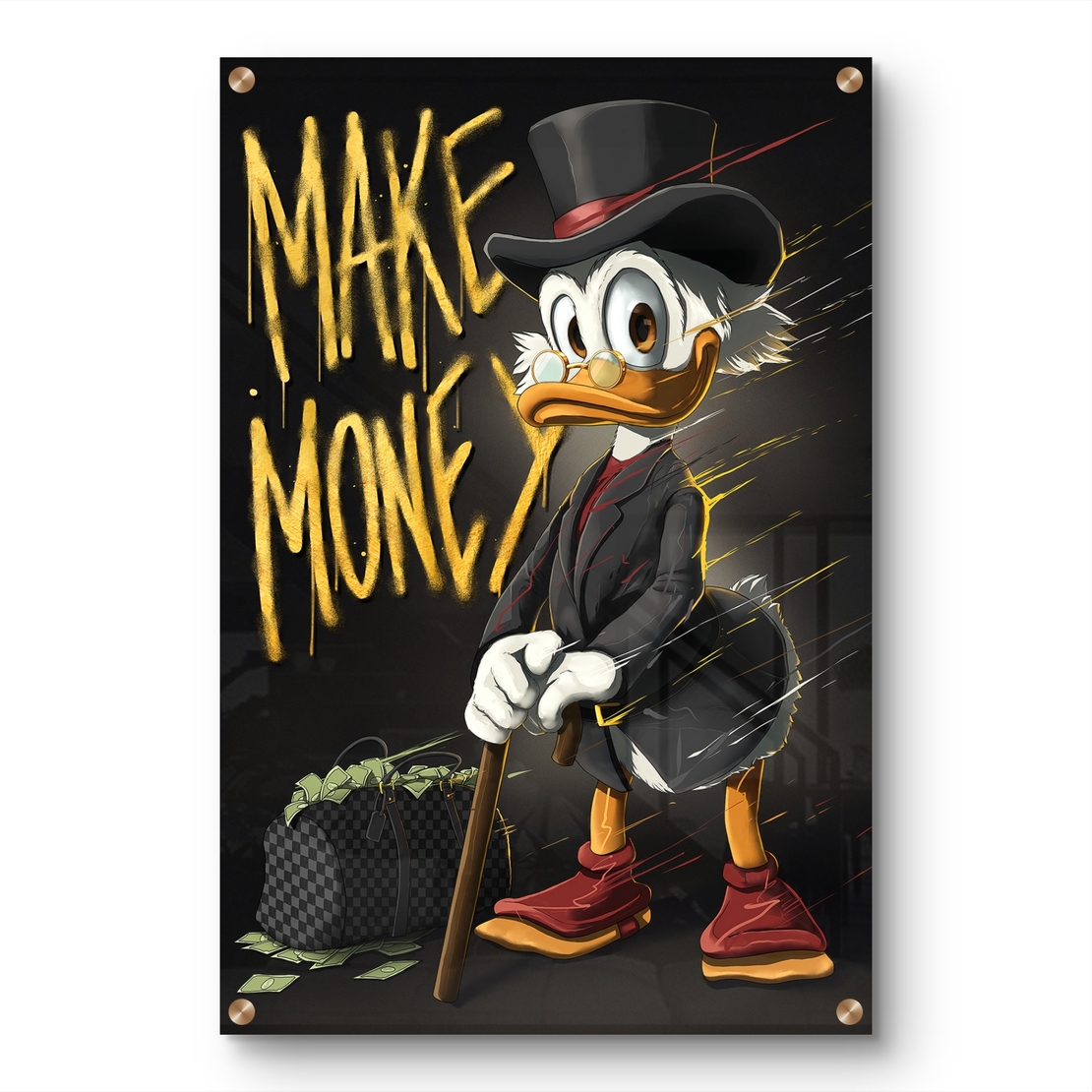 תמונת זכוכית MAKE MONEY עם דמות אייקונית בחליפה וכיתוב זהב יוקרתי