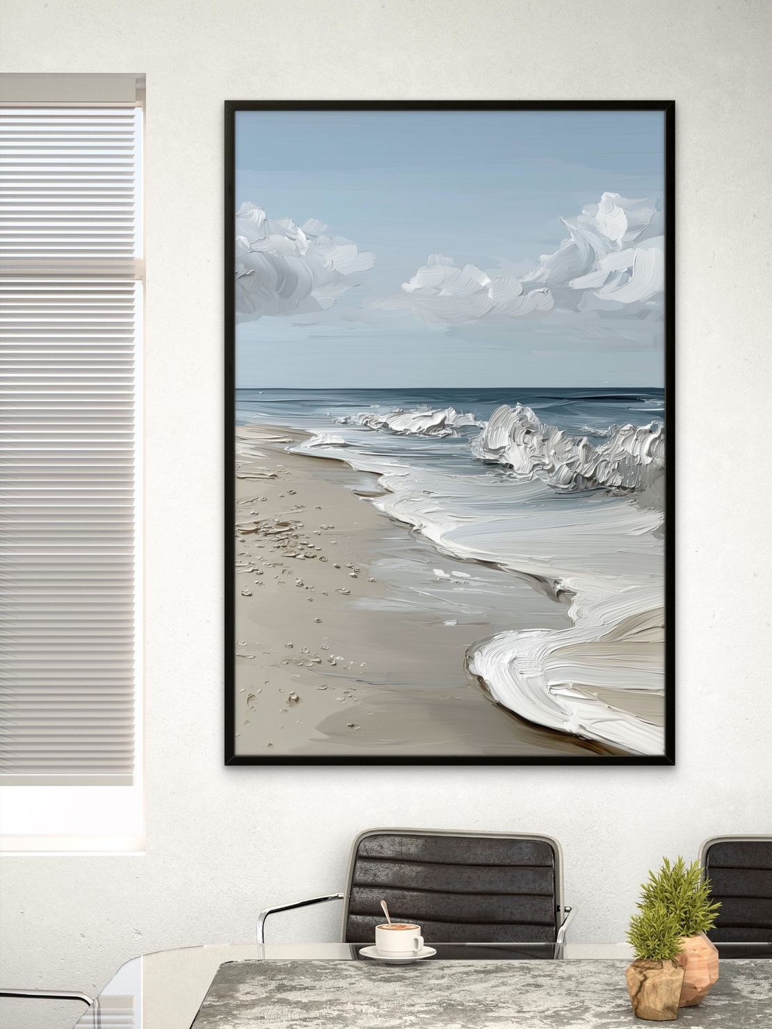 תמונת קנבס נשימת האוקיינוס – נוף ים רגוע עם גלים לבנים וחוף חול בהיר, בעיצוב יוקרתי מתוך קולקציית NEXTGEN BY BAR של תכשיט לבית.