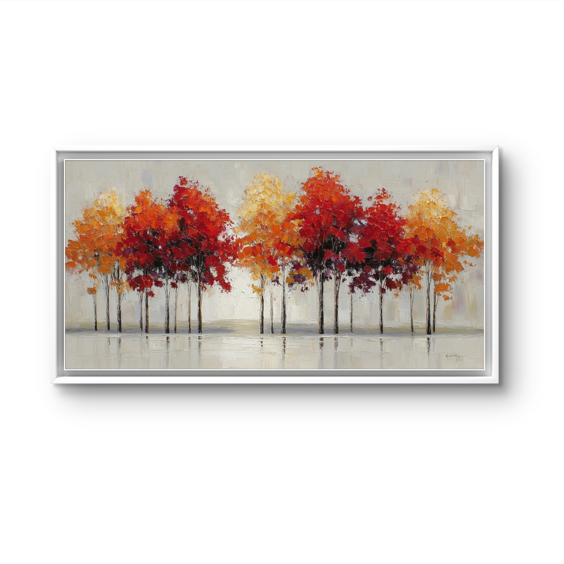 תמונת קנבס לרוחב עם שדרת עצים בגווני אדום כתום וזהב לעיצוב הבית