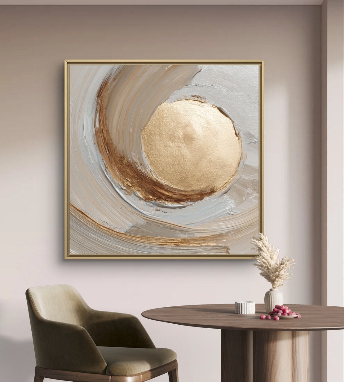 תמונת קנבס מרובעת אבסטרקטית בגווני שמנת עם אלמנט עגול זהוב במרכז, הדפסה חלקה ללא תבליט