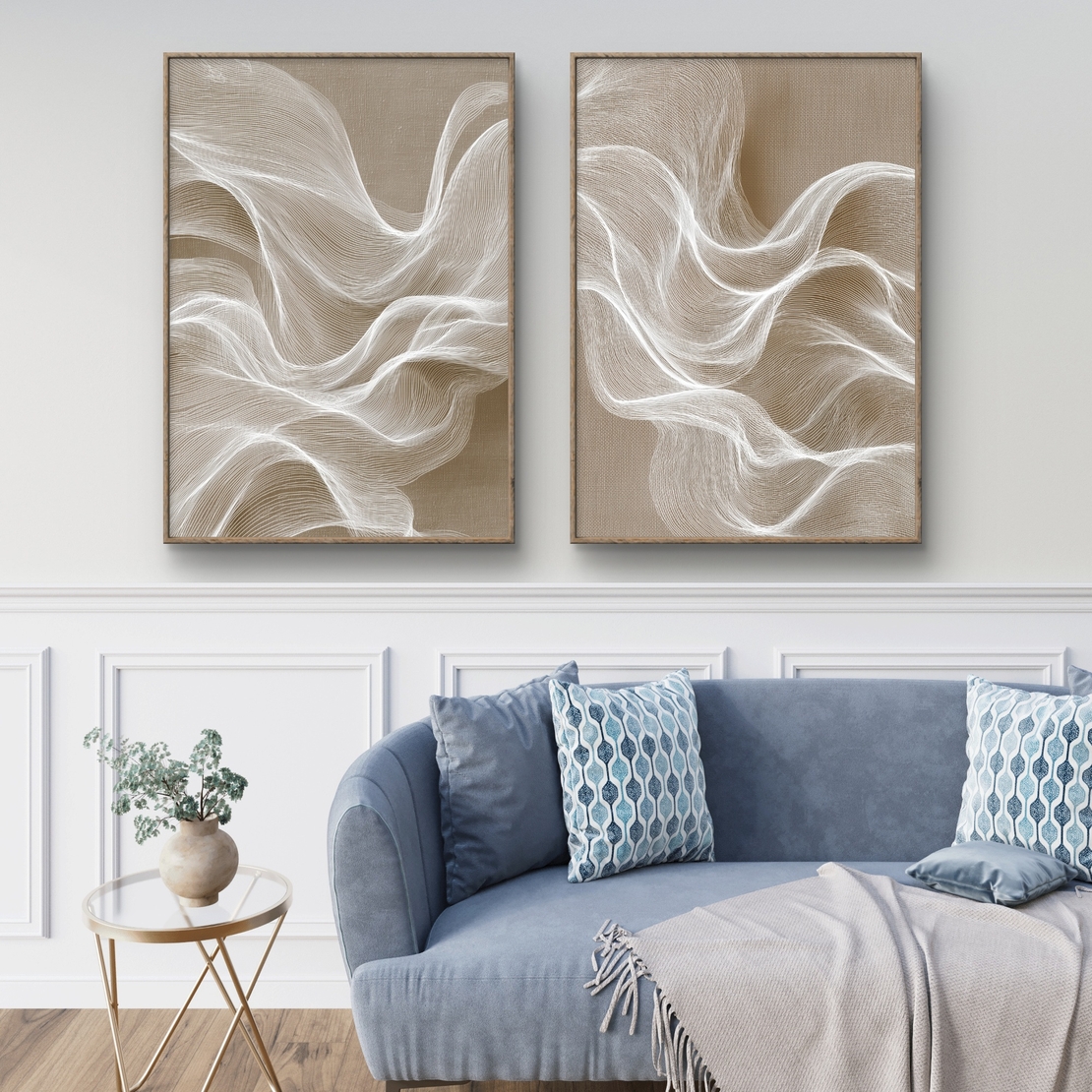 סט זוג קנבסים מודרניים בגוונים טבעיים עם קווים עדינים