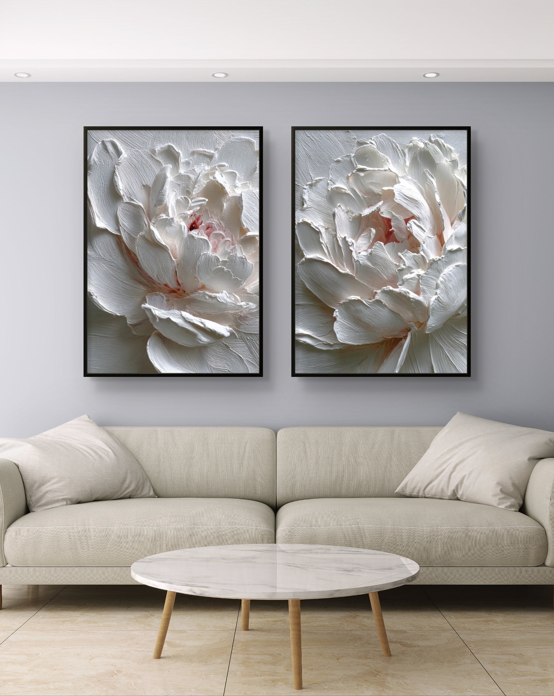 זוג תמונות קנבס אדמוניות לבנות דמוי תבליט עדין – דגם TL8553