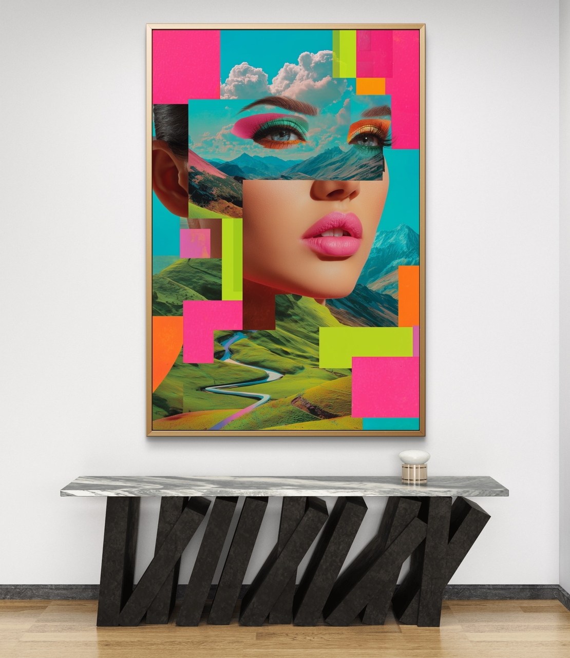 תמונת קנבס צבעונית עם דמות נשית ונופים בסגנון סוריאליסטי