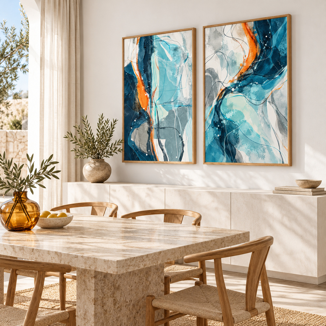 זוג תמונות קנבס אבסטרקטיות בכחול וטורקיז עם נגיעות כתומות | דגם BR6764