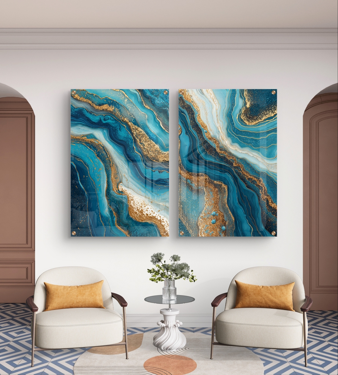 תמונת זכוכית זוגית בעיצוב אבסטרקט בגווני טורקיז, כחול וזהב עם זרימה טבעית
