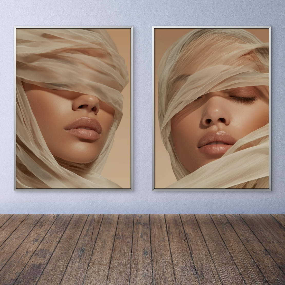 זוג תמונות קנבס של אישה עטופה בבד רך בגווני בז׳ חמים, מתוך קולקציית NEXTGEN BY BAR של תכשיט לבית – עיצוב אמנותי רך ומלא שלווה.