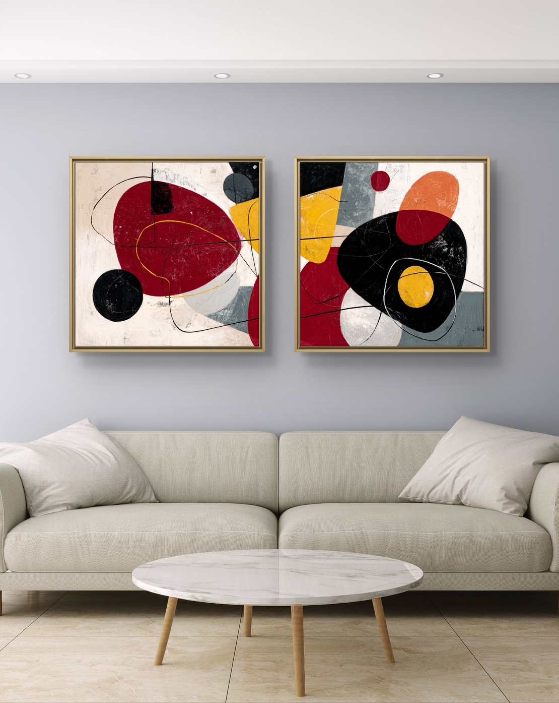 זוג תמונות קנבס מרובעות בסגנון אבסטרקט מודרני בגווני אדום, שחור וצהוב – תכשיט לבית