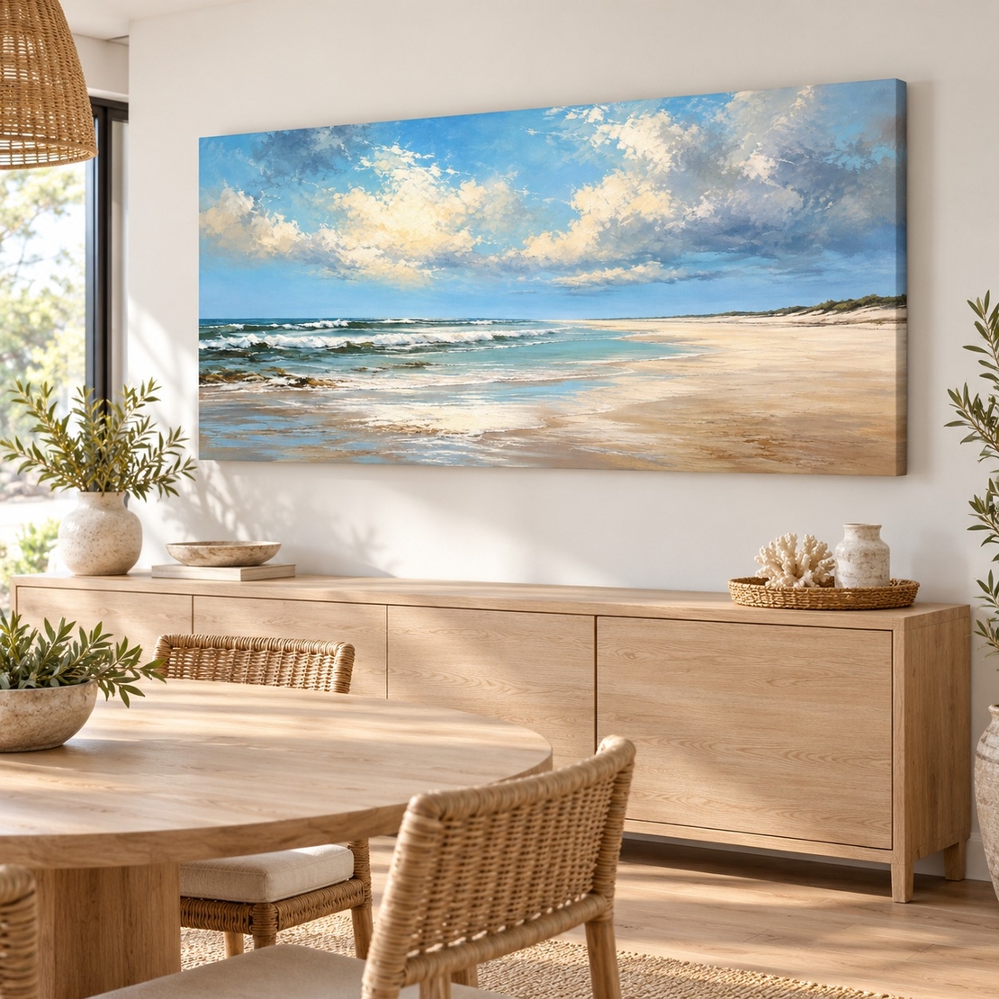 תמונת קנבס חוף ים ושלווה בגווני תכלת וחול | דגם AD4003