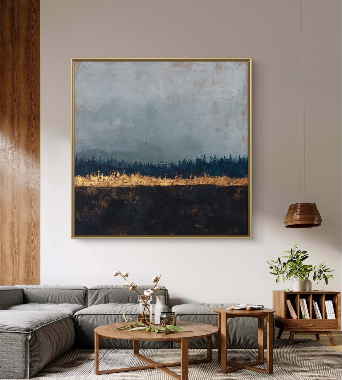 תמונה מינימליסטית לקיר בגווני כחול עמוק וזהב יוקרתי.