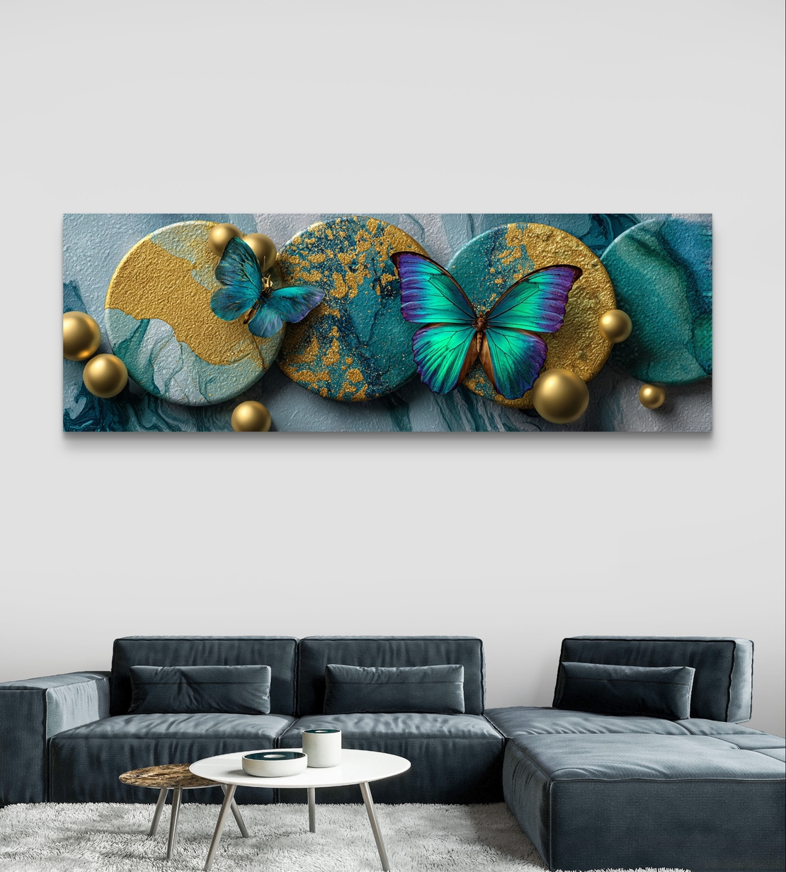תמונת קנבס פנורמית עם פרפרים בגווני טורקיז וזהב בהדפסה חלקה – תכשיט לבית