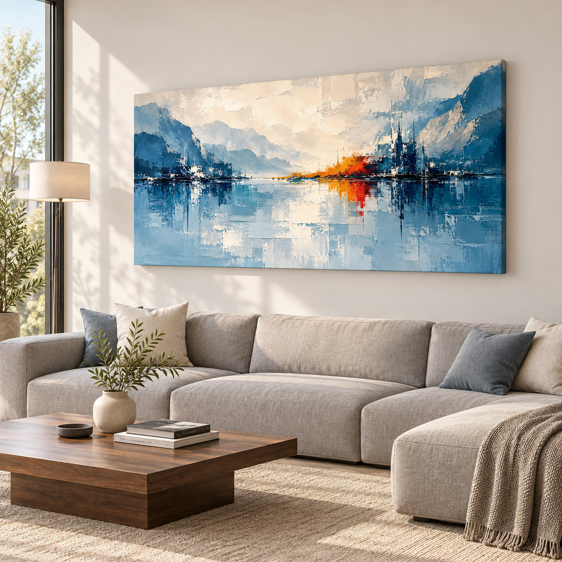 תמונת קנבס נוף הרים מופשט בכחול עם השתקפות כתומה | דגם MH4791