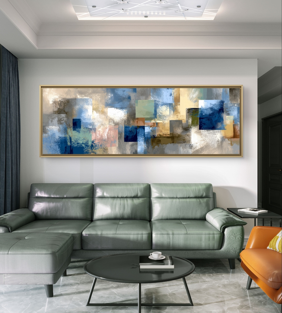 פסיפס תכלת – תמונת קנבס אבסטרקטית עם בלוקים בגווני כחול, תכלת, שמנת וזהב | CL6004