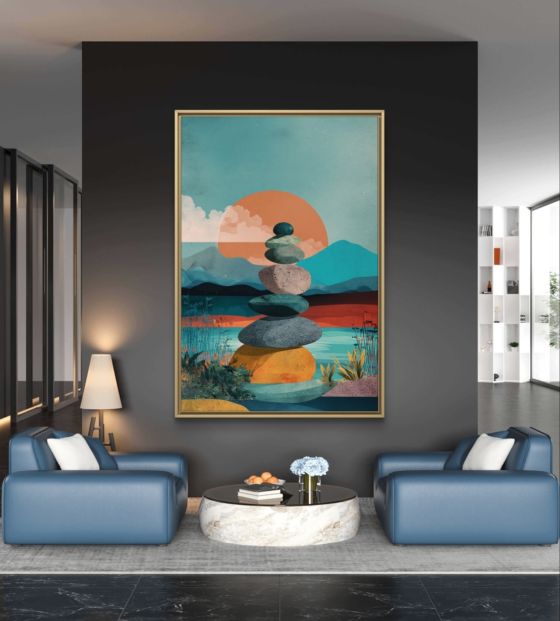 ציור נוף רגוע עם אבנים מאוזנות ושמש שקיעה