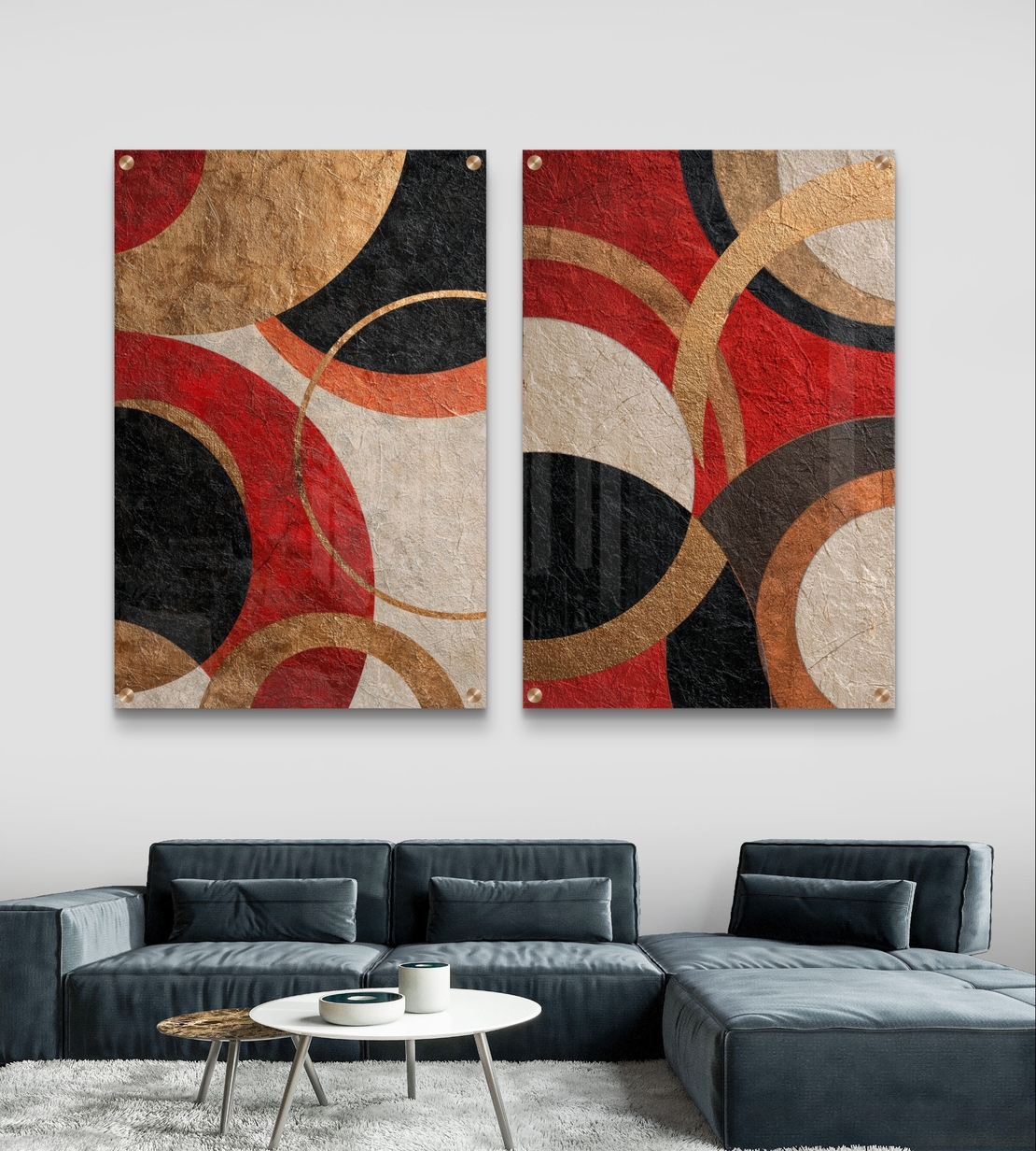 סט תמונות זכוכית זוגי בגווני זהב, אדום, שחור ובז' בעיצוב מעגלי מודרני – תכשיט לבית