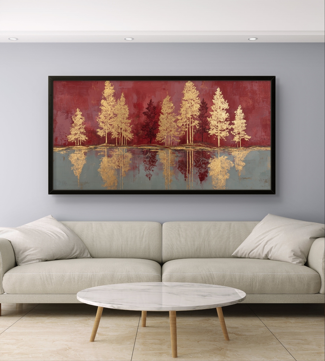 יער הזהב האדום – תמונת קנבס עצי זהב על רקע בורדו | CY4511