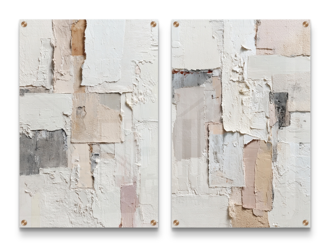 תמונת זכוכית זוגית אבסטרקטית בגווני שמנת ואבן בהדפסה חלקה ומינימליסטית