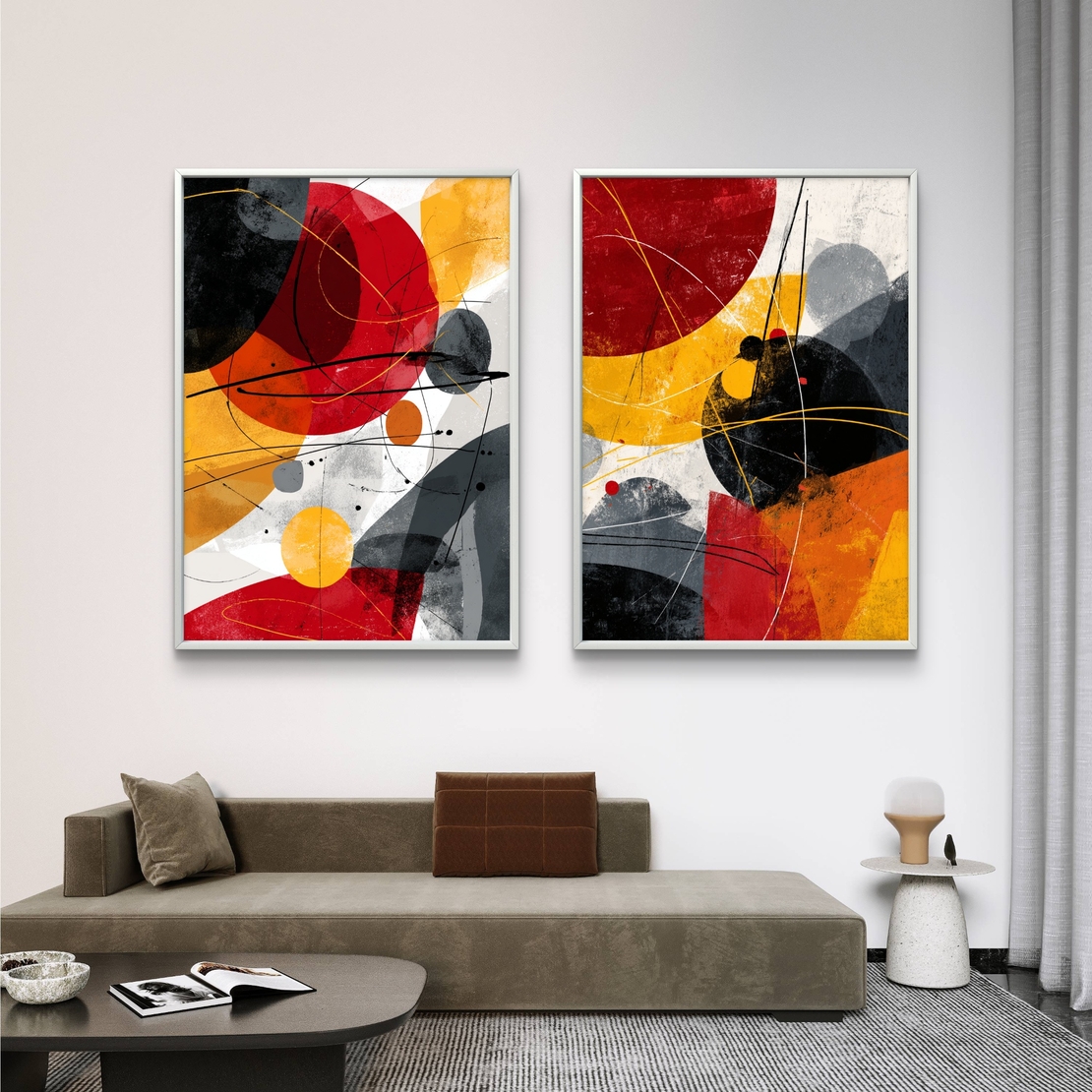 סט תמונות קנבס זוגי בעיצוב אבסטרקט צבעוני בגווני אדום, צהוב, שחור ואפור – תכשיט לבית