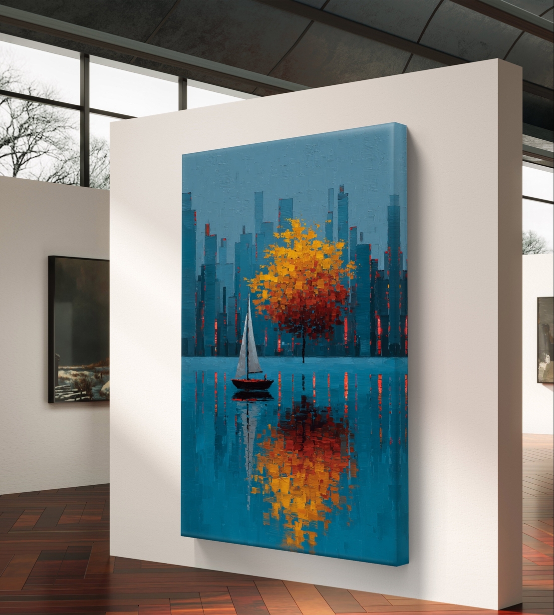 תמונת קנבס לסלון עם עץ כתום ונוף עירוני