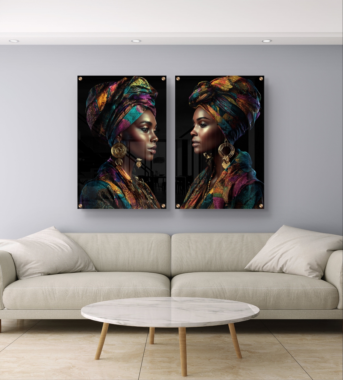 סט תמונות זכוכית זוגי עם דמות נשית בטורבן צבעוני בעיצוב דרמטי ויוקרתי