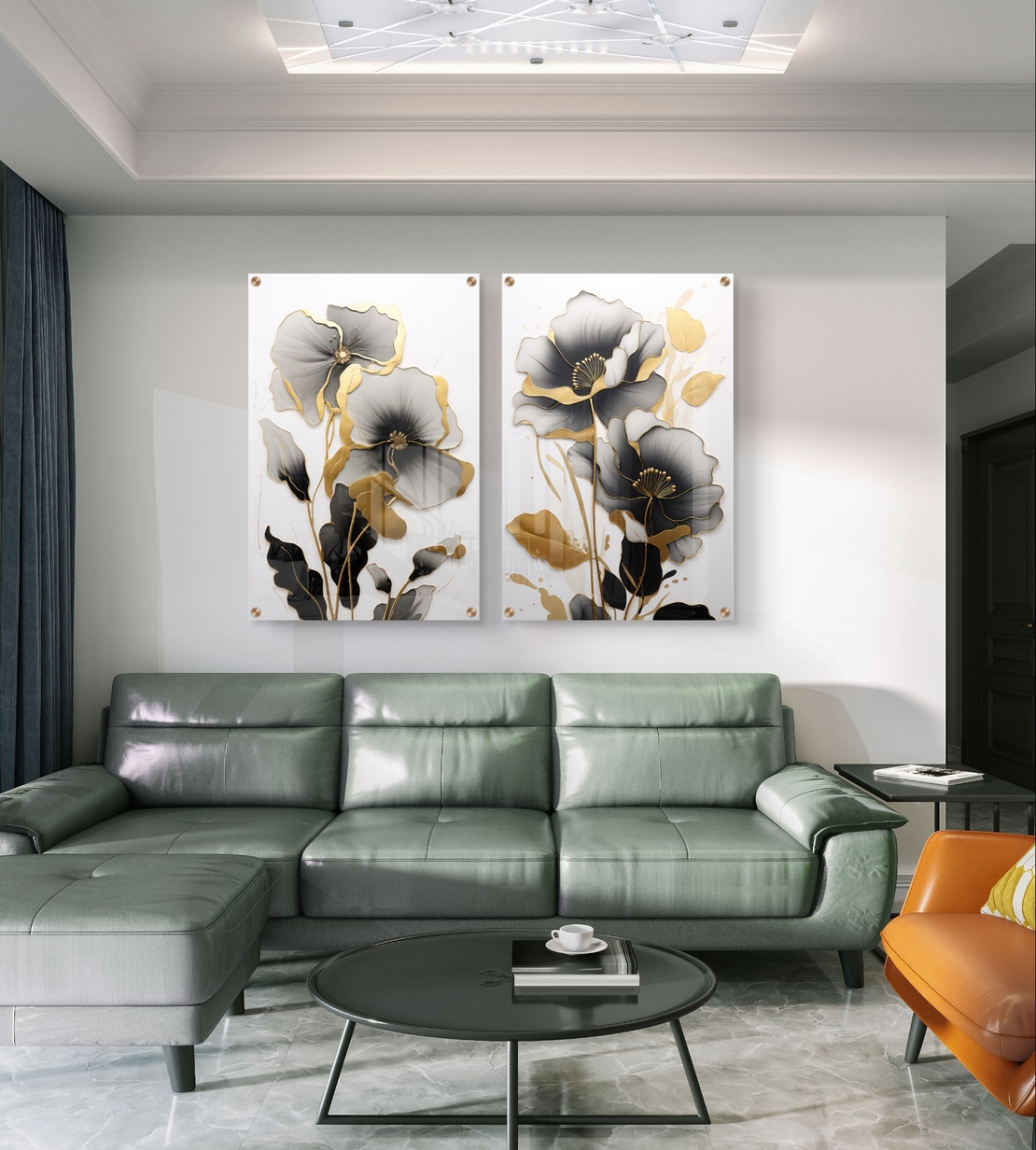 תמונת זכוכית זוגית של פרחים בגווני שחור, אפור וזהב בעיצוב אלגנטי ויוקרתי