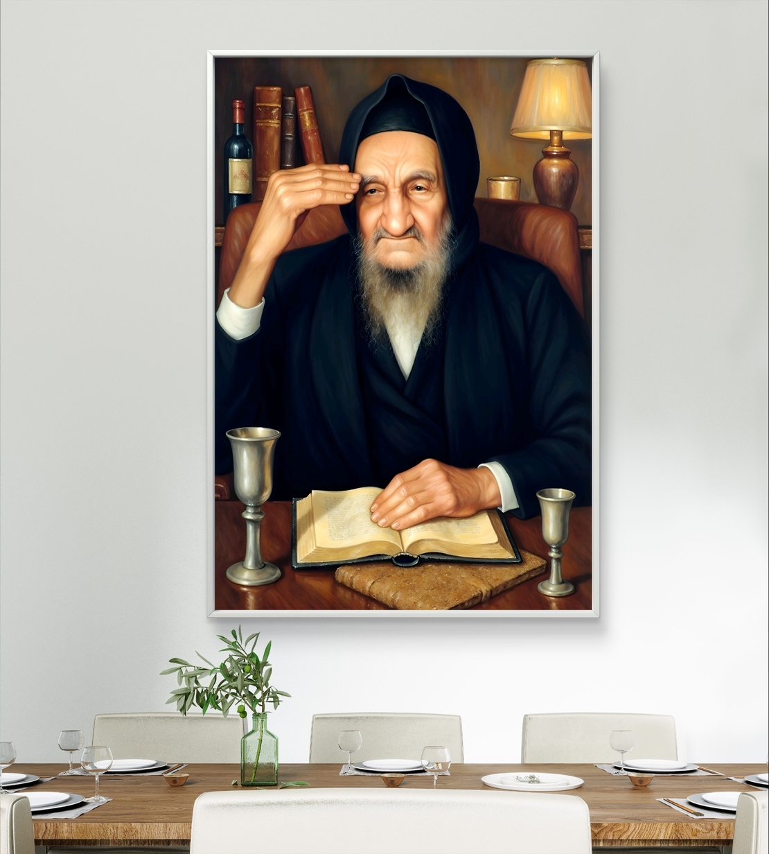 תמונת קנבס אומנותית של הבבא סאלי יושב ליד שולחנו, עם ספר קדוש פתוח, כוס קידוש ונרות ברקע. יצירה המשדרת קדושה, חוכמה וברכה, מתאימה לבית יהודי, בתי כנסת וחללים רוחניים.