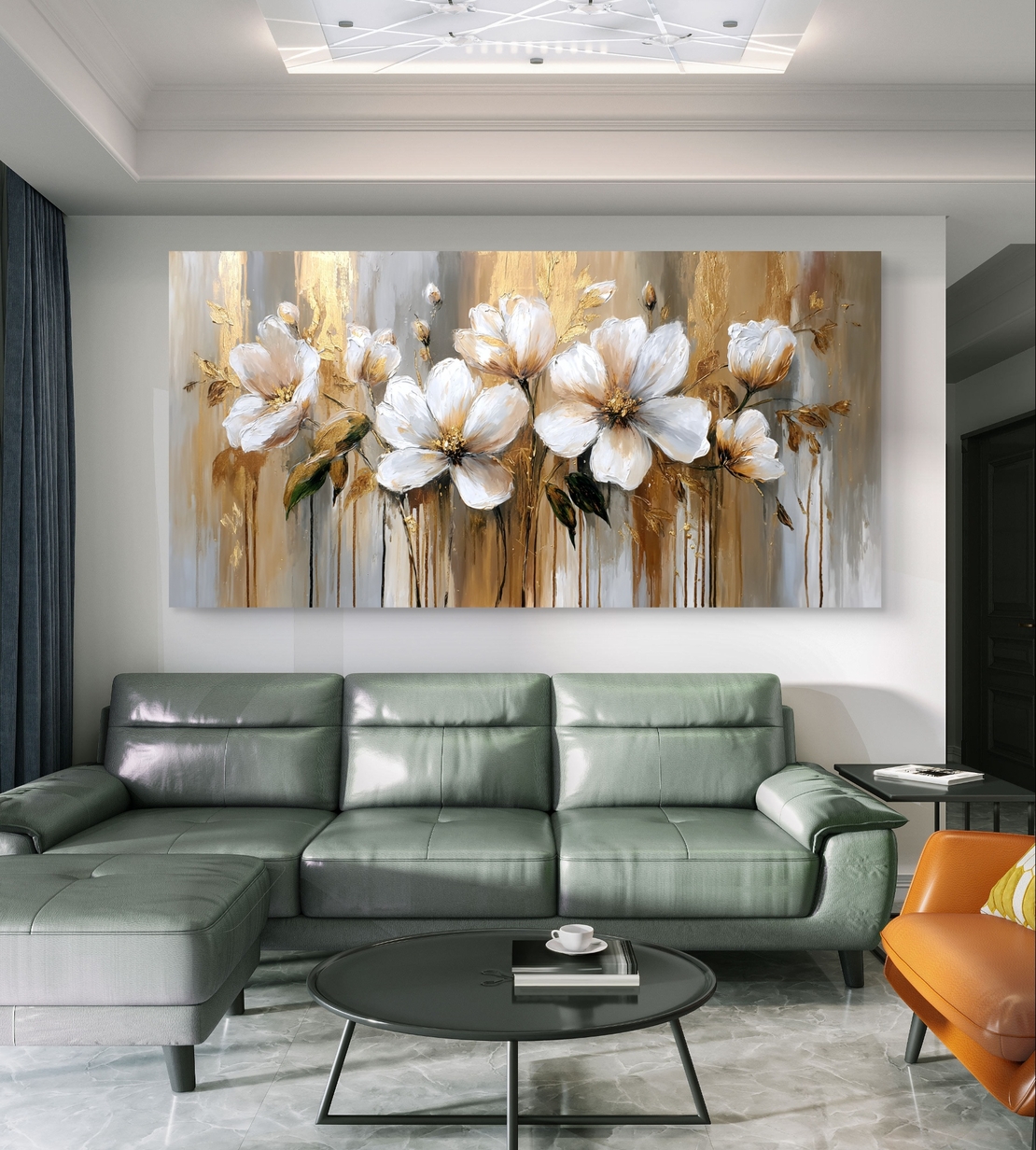 תמונת קנבס Golden Harmony – פרחים לבנים בעיצוב מופשט עם נגיעות זהב ואפור