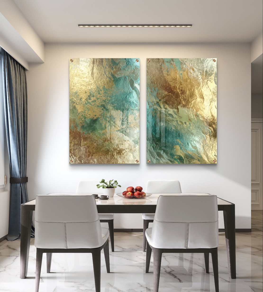 תמונת זכוכית זוגית בעיצוב אבסטרקטי עם שילוב זהב וטורקיז במראה יוקרתי