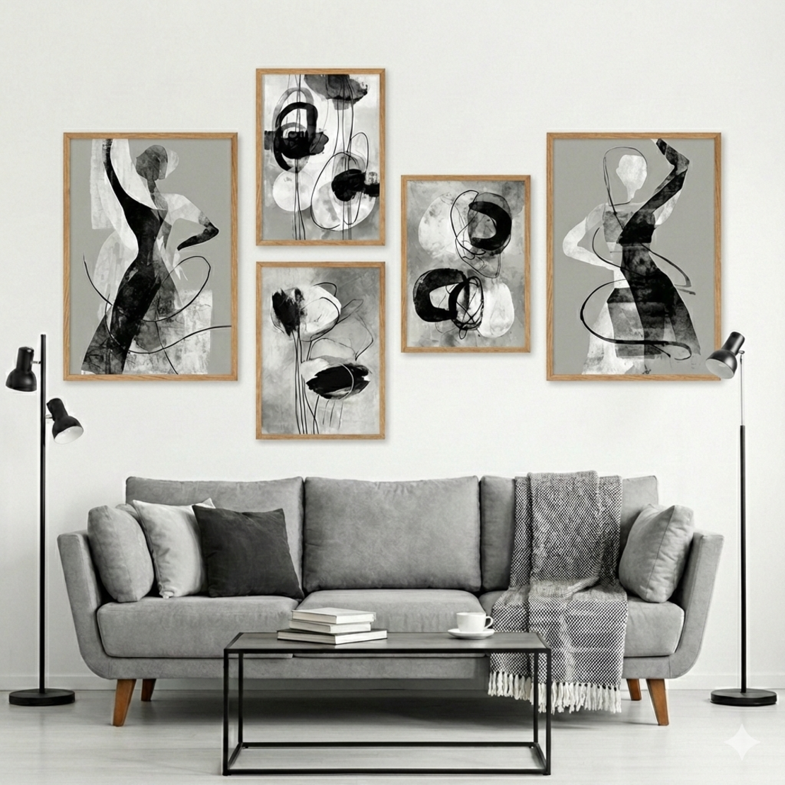 סט קנבס של חמש תמונות אבסטרקטיות בשחור ולבן עם קווים ודמויות בסגנון מודרני