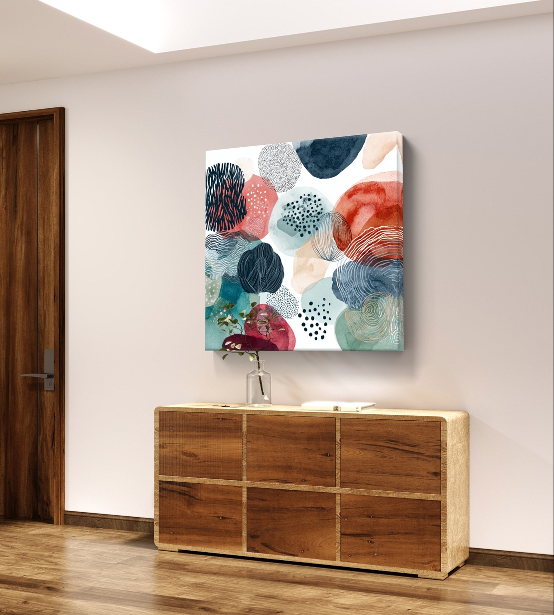 תמונת קנבס אבסטרקט צבעי מים עם צורות אורגניות בטורקיז, נייבי וקורל על רקע לבן