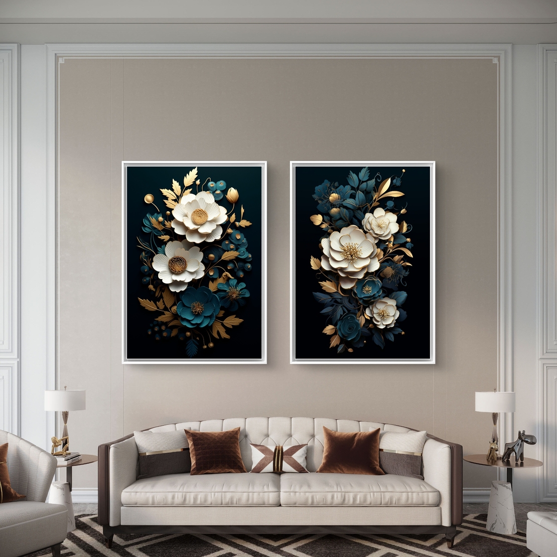 תמונת קנבס זוגית פרחונית בגווני שחור, טורקיז ולבן עם נגיעות זהב יוקרתיות