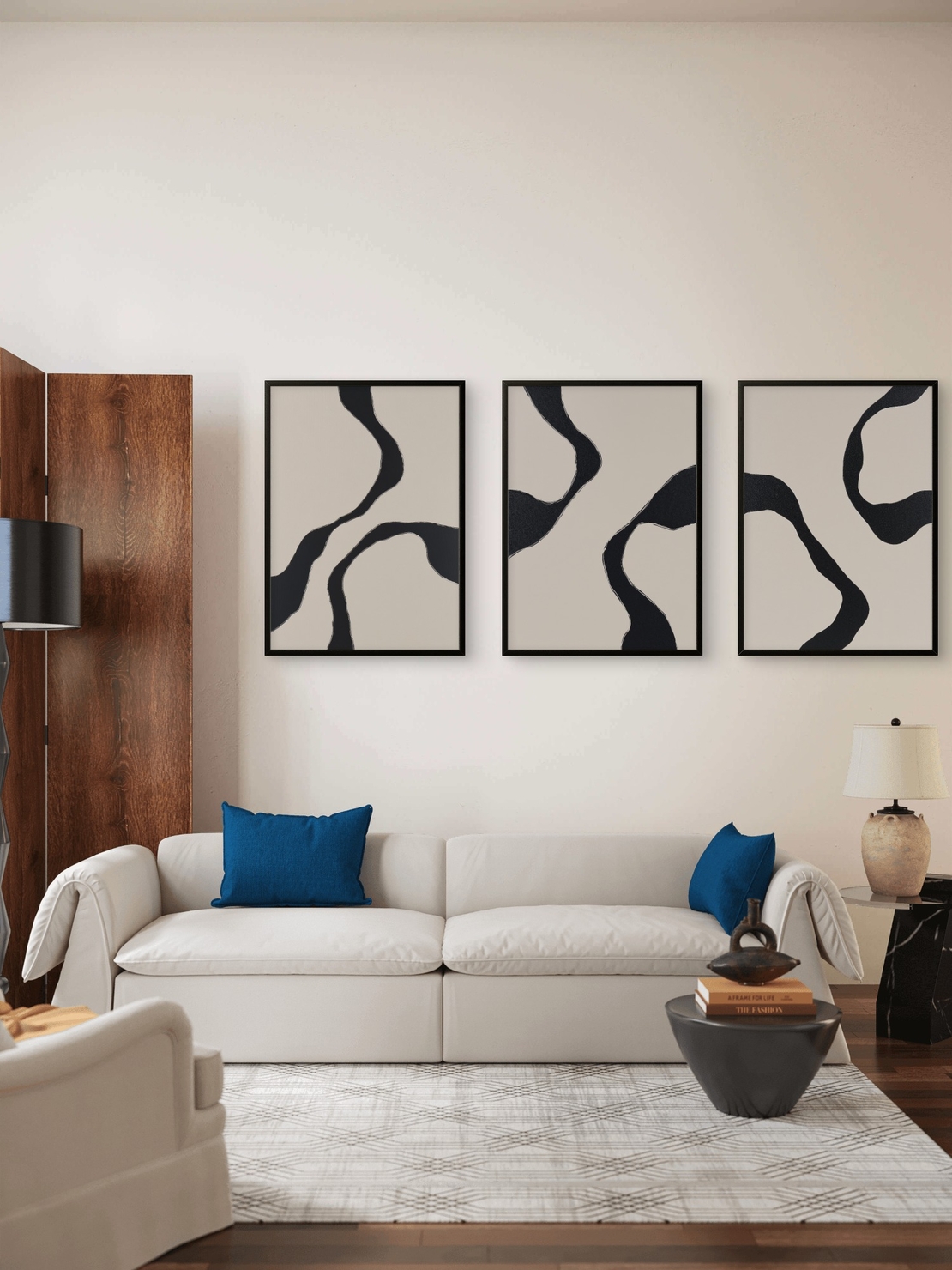 שלישיית תמונות קנבס בעיצוב אבסטרקטי בגווני בז' ושחור, הדפסה חלקה, קולקציית NEXTGEN BY BAR מבית תכשיט לבית.