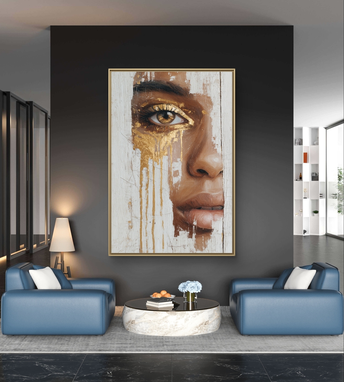 דיוקן נשי אומנותי עם מבט זהוב על קנבס בגווני חום, קרם וזהב בהדפסה חלקה