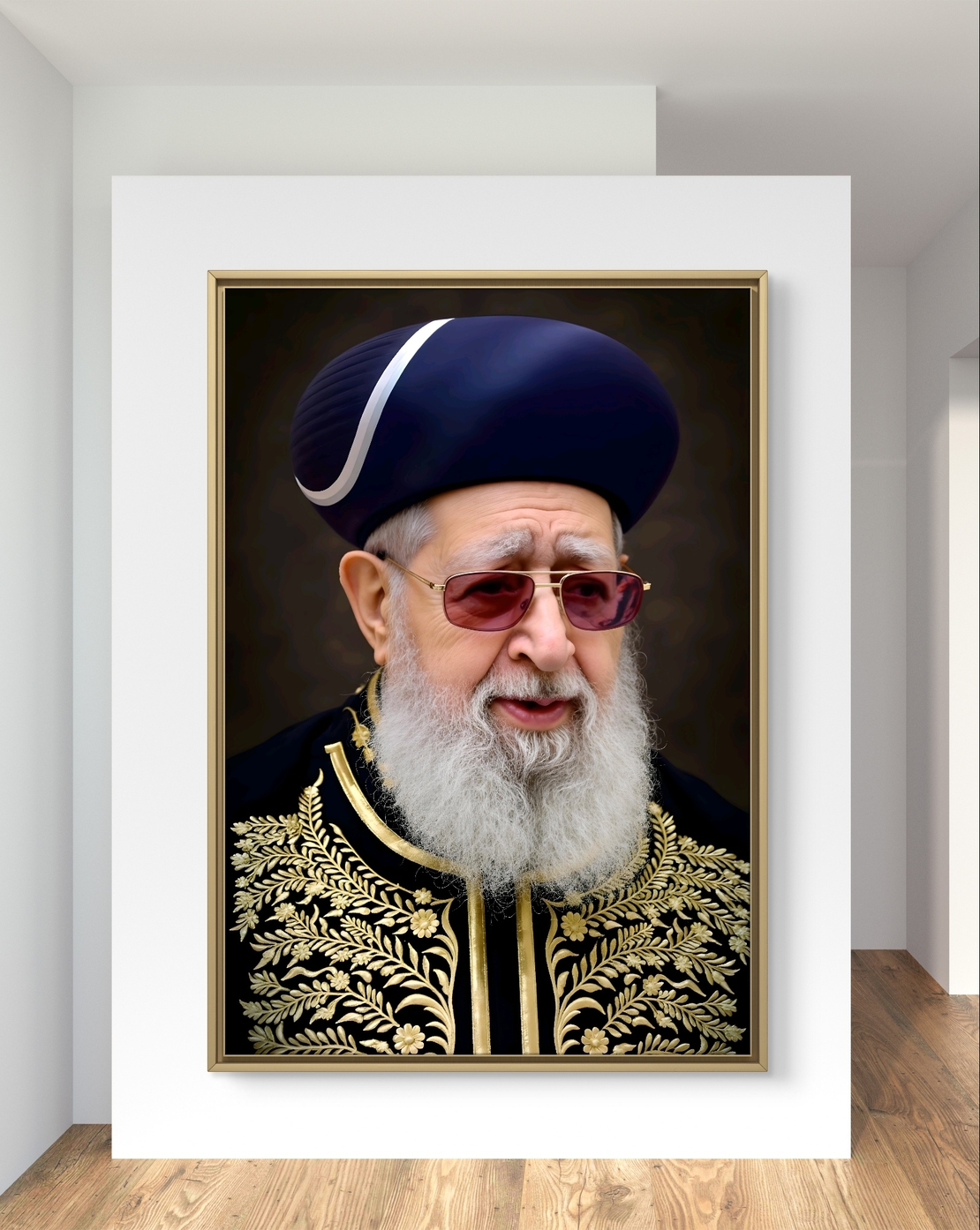 תמונת קנבס מרשימה של רב בלבוש מסורתי מעוטר ברקמות זהב, חובש כובע ייחודי וחובש משקפיים כהים – משדרת חוכמה והדר.