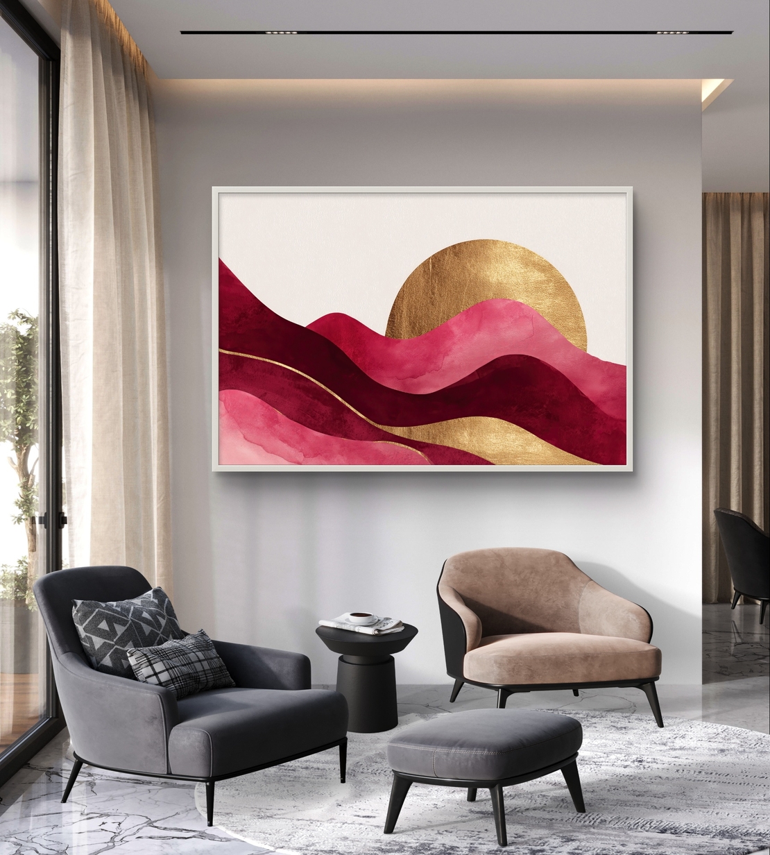 גלי בורדו, ורוד וזהב – תמונת קנבס אבסטרקטית אלגנטית | CP4523