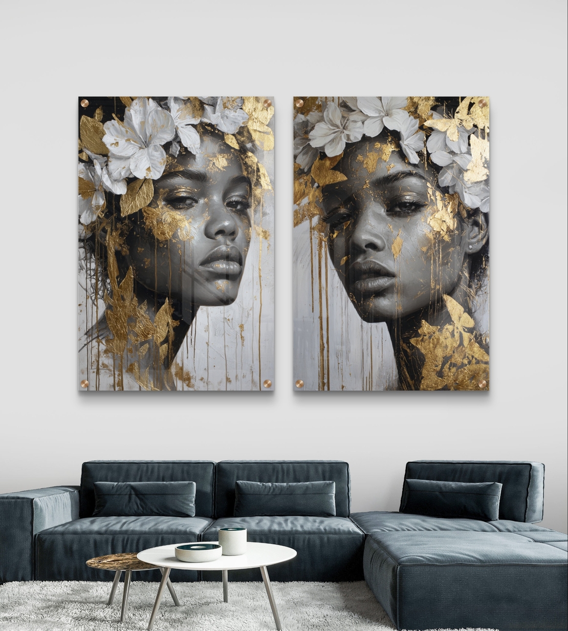 סט תמונות זכוכית זוגי עם פורטרט נשי אבסטרקטי בגווני שחור לבן ונגיעות זהב