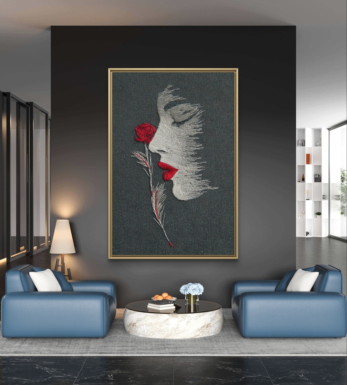 תמונת קנבס פרופיל אישה עם ורד אדום