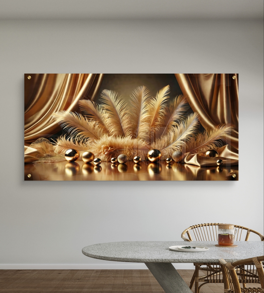 קטיפה מוזהבת – תמונת זכוכית יוקרתית עם נוצות זהב ווילונות דרמטיים | PN2503