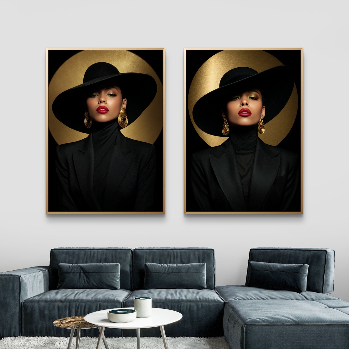 תמונת קנבס זוגית עם דמות נשית יוקרתית בכובע שחור ונגיעות זהב בעיצוב אופנתי מודרני