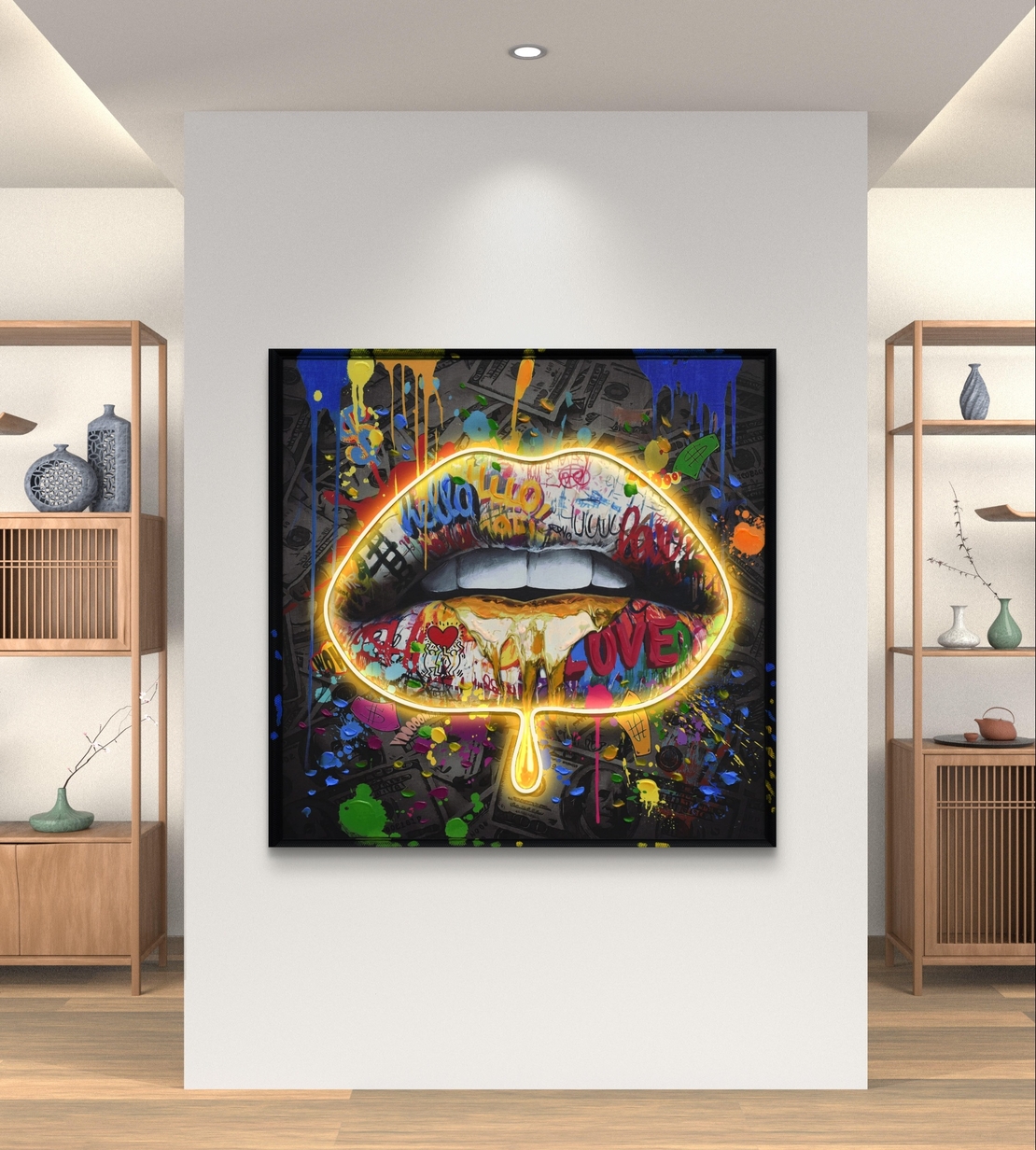 תמונת LED שפתיים גרפיטי עם זהב נוזלי – מופעלת על סוללות וכוללת שלט רחוק דגם LED1013 -מידה 83*83 ס