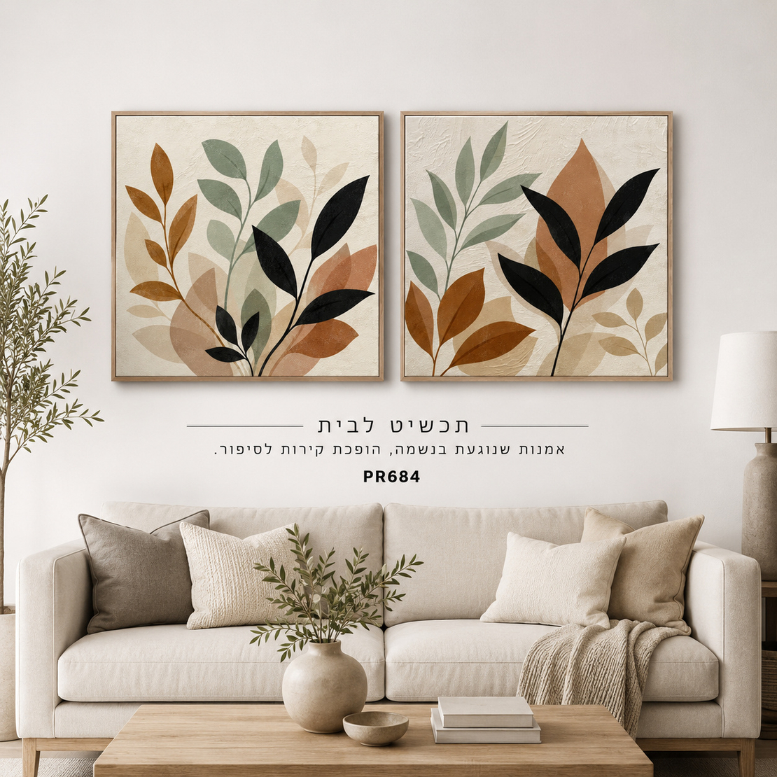 זוג תמונות קנבס פרימיום עלים בוטניים חום-ירוק-שחור מרובע
