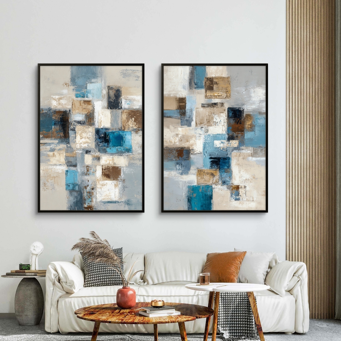 סט תמונות קנבס זוגיות בסגנון אבסטרקט גיאומטרי בגווני כחול, תכלת ובז׳ לעיצוב סלון מודרני