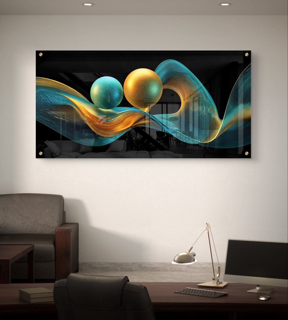 תמונת זכוכית לרוחב בעיצוב אבסטרקטי עם קווים גליים וכדורים בגווני טורקיז וזהב על רקע שחור, בהדפסה חלקה לעיצוב סלון מודרני ויוקרתי.