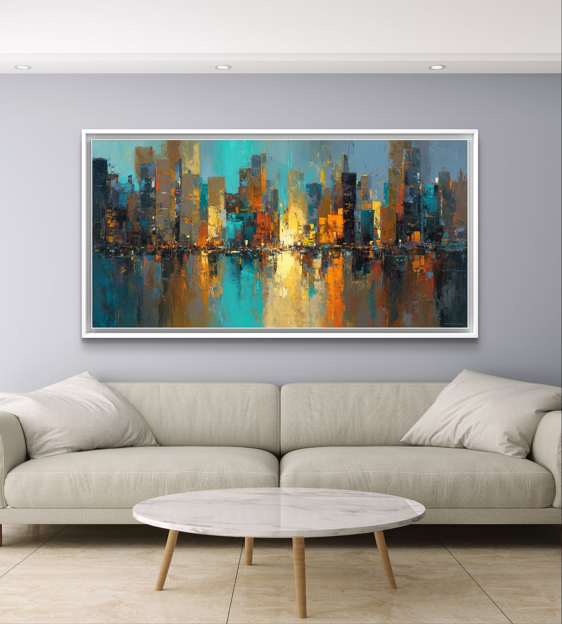 תמונת קנבס אבסטרקטית לרוחב עם קו רקיע עירוני והשתקפות מים בגווני כחול, טורקיז וזהב