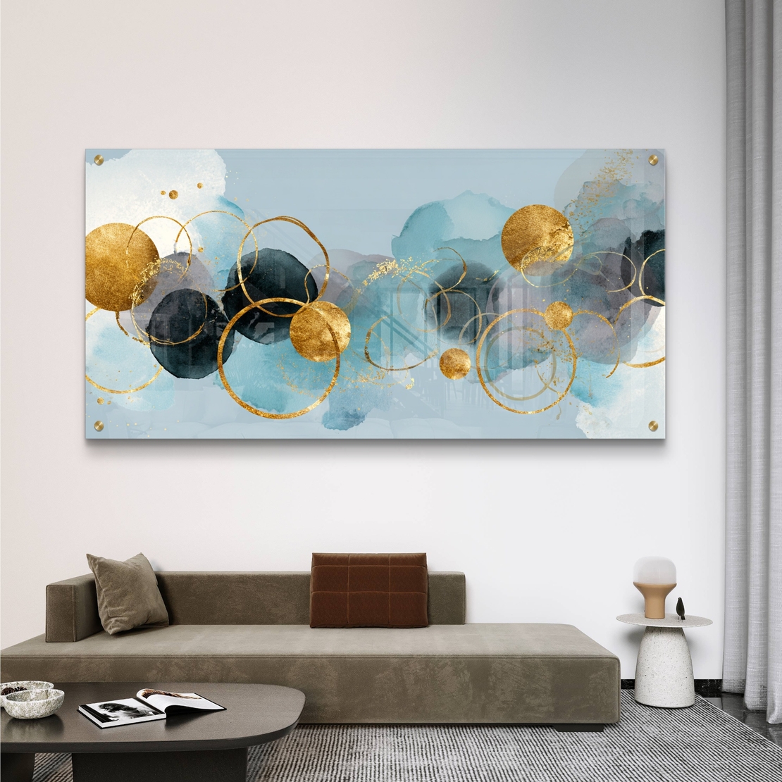 תמונת זכוכית לרוחב עם כתמי כחול ומעגלי זהב במראה אבסטרקטי מודרני, הדפסה חלקה ללא תבליט
