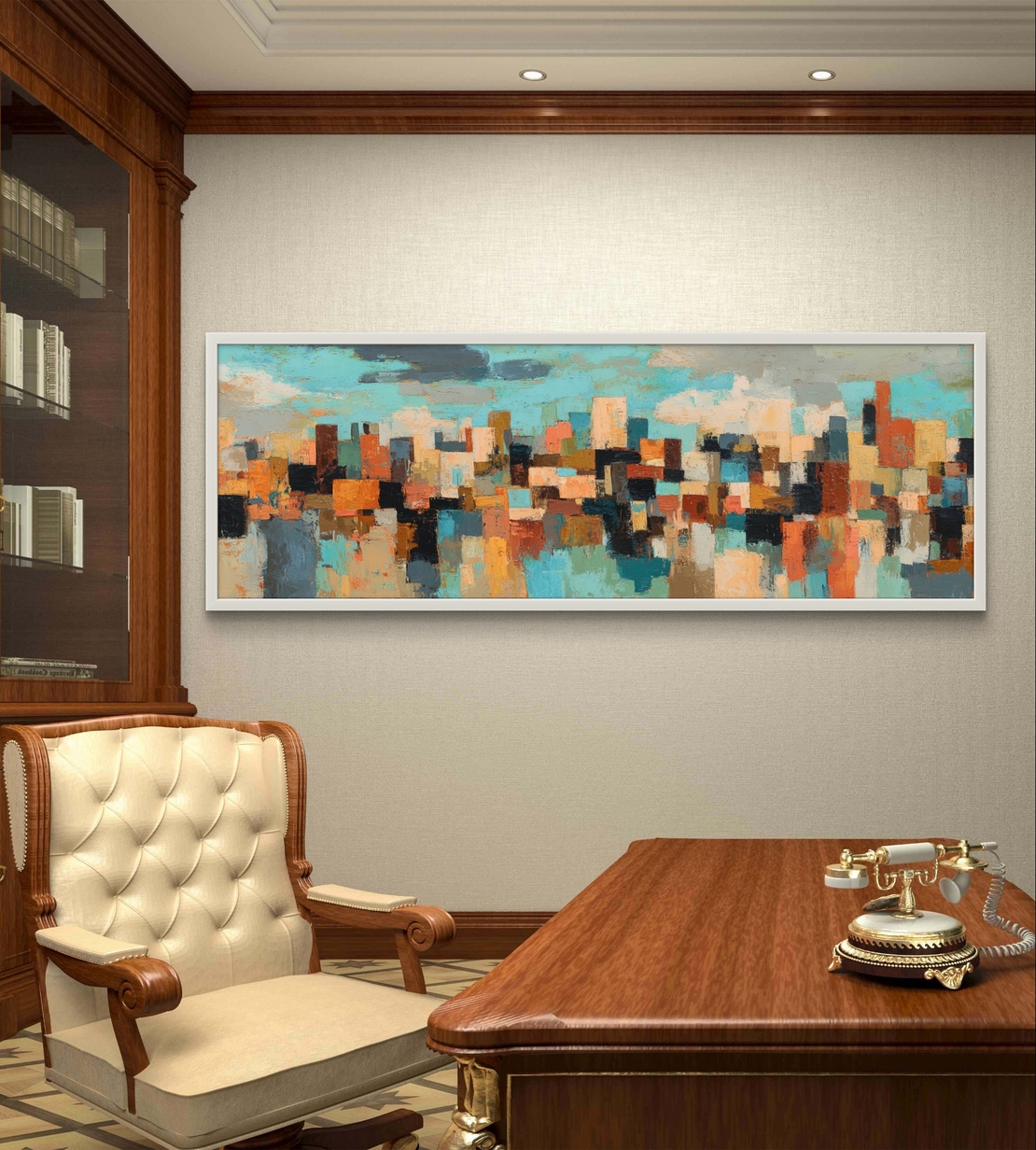 מטרופולין צבעוני – תמונת קנבס פנורמית אבסטרקטית בקו עירוני בגווני טורקיז, חמרה ושחור | CT4671