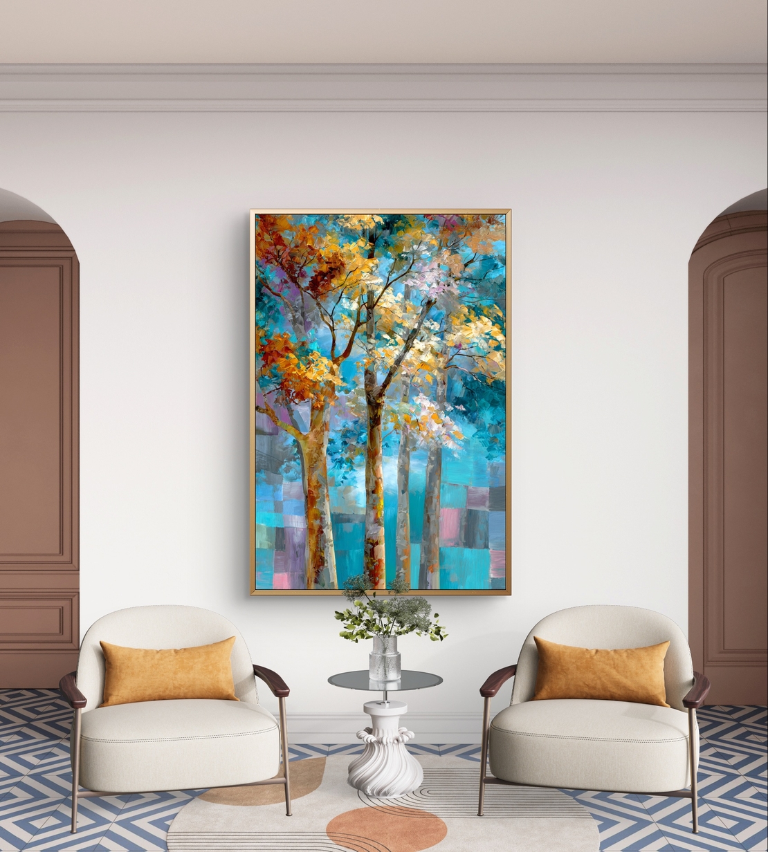 תמונת קנבס עם עצים אמנותיים בגווני תכלת, טורקיז וזהב, בעיצוב מודרני ומרגיע לבית