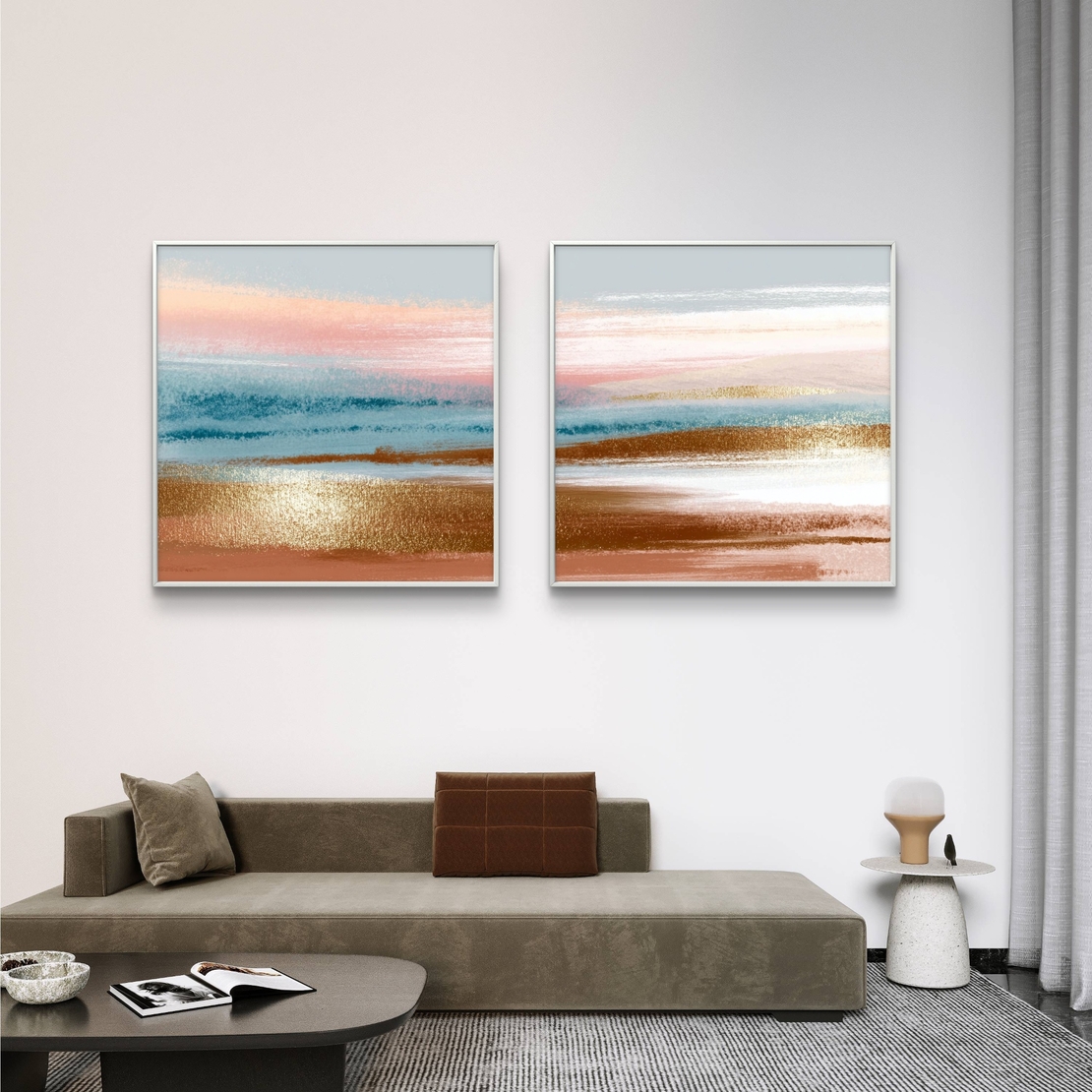 זוג תמונות קנבס מרובעות בגווני פסטל עדינים המדמים שקיעה רגועה – תכשיט לבית