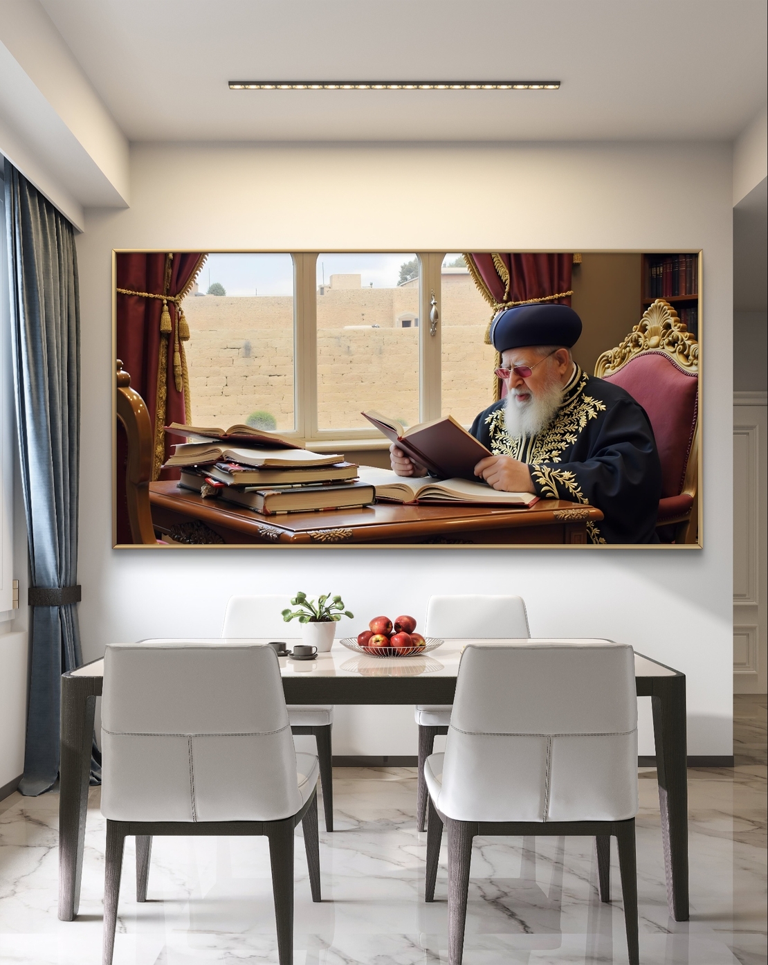 תמונת קנבס המציגה רב גדול בלימוד תורה, יושב לצד שולחן עם ספרי קודש, על רקע נוף יהודי מסורתי הנשקף מחלון גדול.